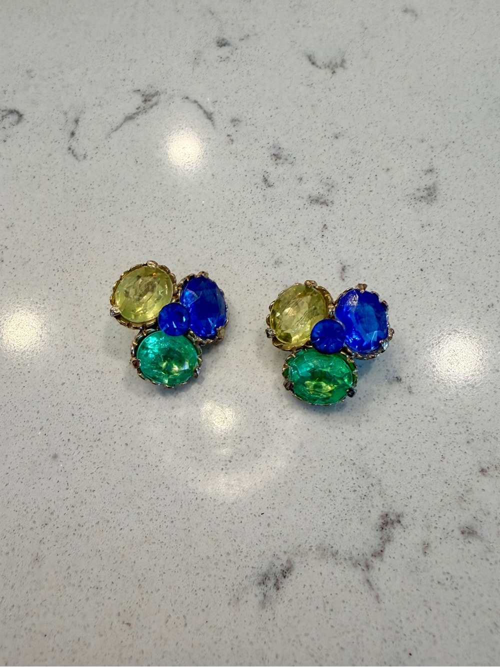 Multi-Color Crystal Cluster Clip-On Earrings - Blue, Green, Yellow